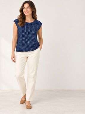 Chaus Navy and White Polka Dot Cap Sleeve Blouse